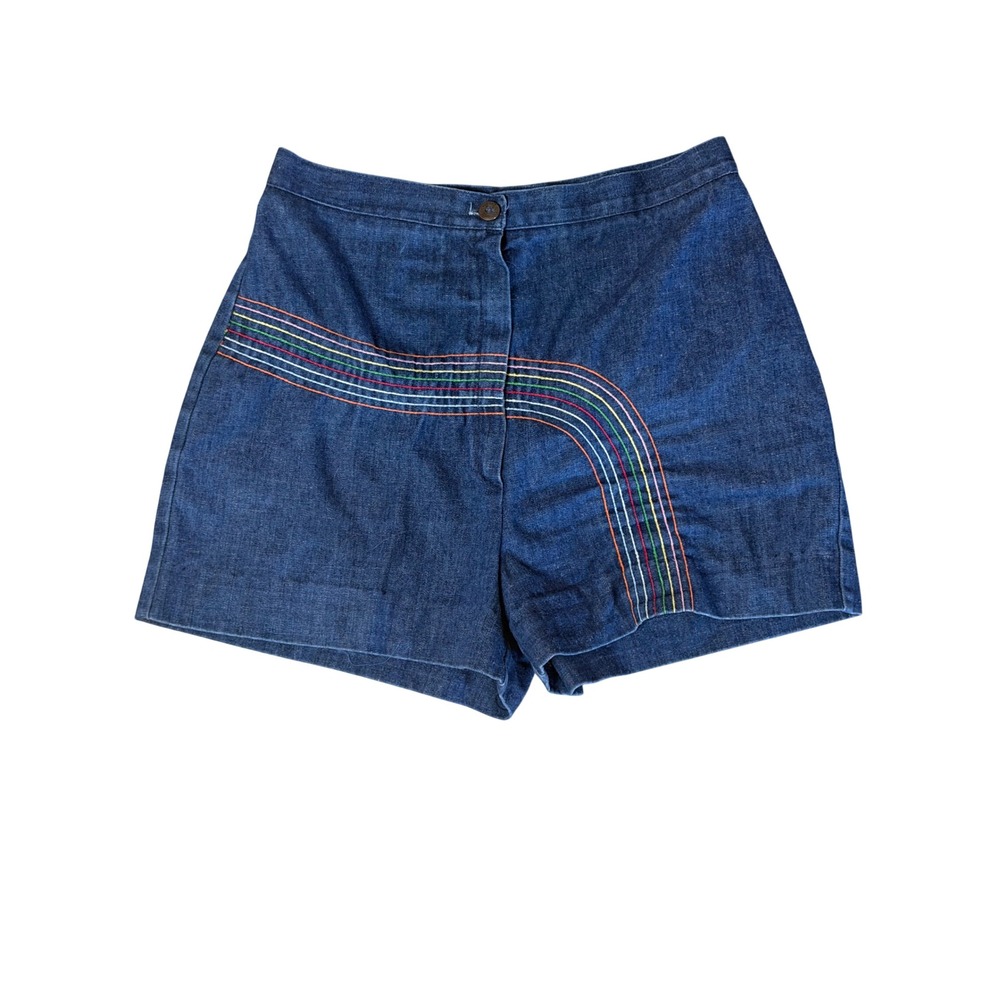 Vtg Rare Remington Express Rainbow Stitch Denim 70's Shorts High Waist Blue 26